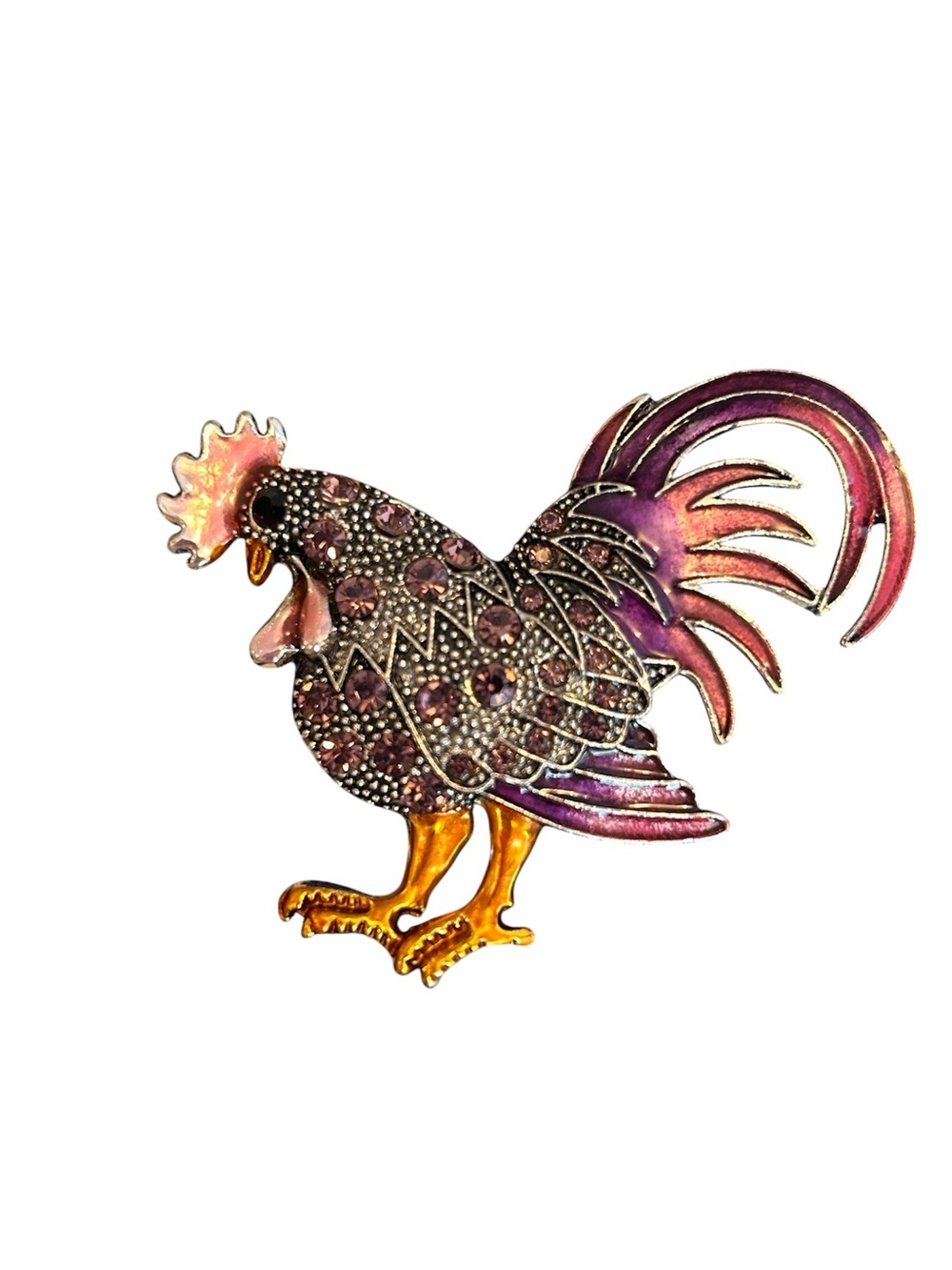 Rooster Brooch in Purple and Gold
